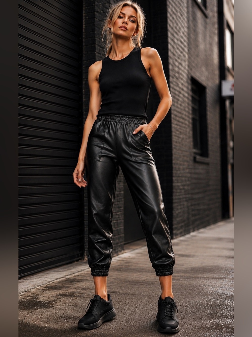 SPANX® Faux Leather Jogger Pants Noir Black High Rise Edgy Moto Size S